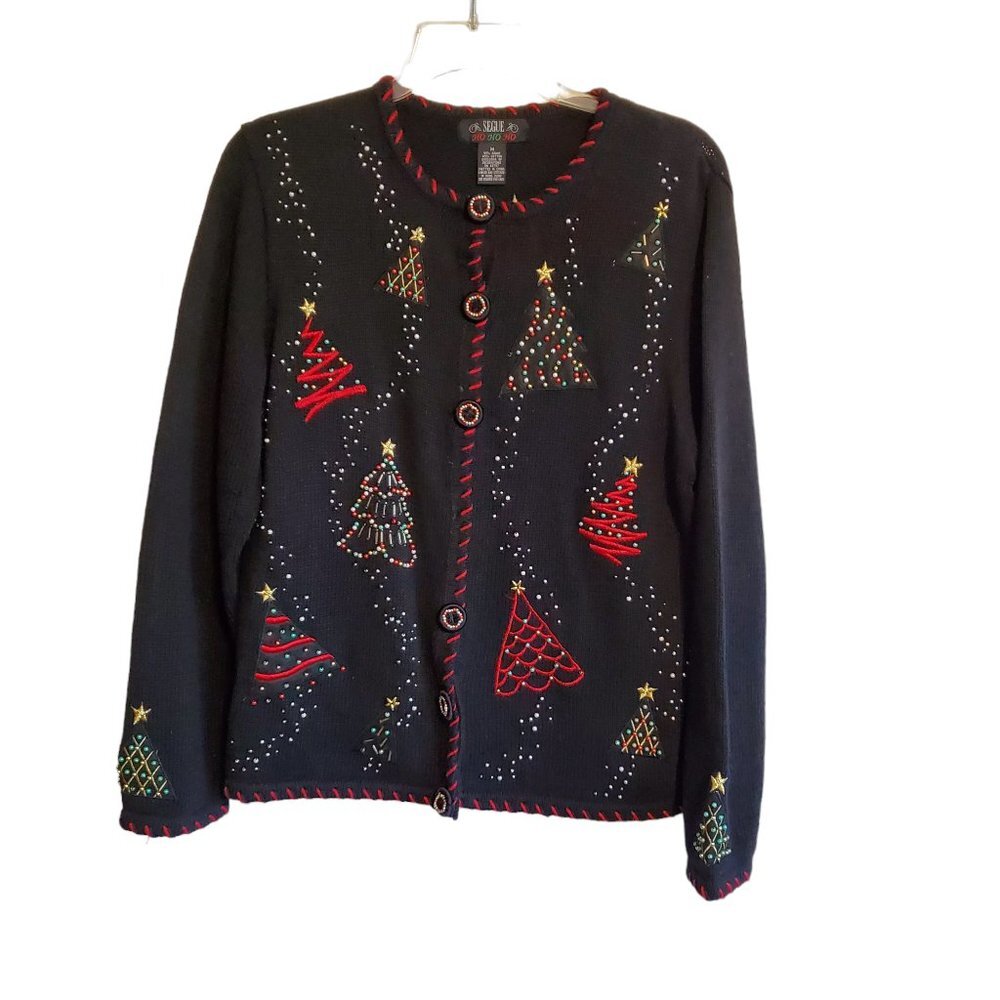 Segure Ho Ho Ho Button Up Christmas Trees Cardigan Ramie Cotton‎ Blend Medium